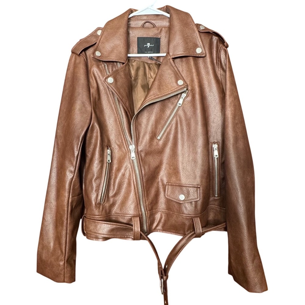 7 For All Mankind Women's Faux Leather Moto Jacket Brown L‎ Biker Chic Punk Rock